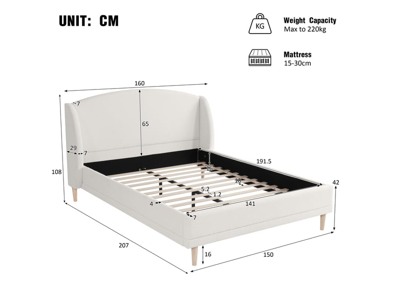  Lit 140x190 cm tissu bouclé blanc avec tête incurvée, sommier à lattes, pieds bois massif  - Conforama C