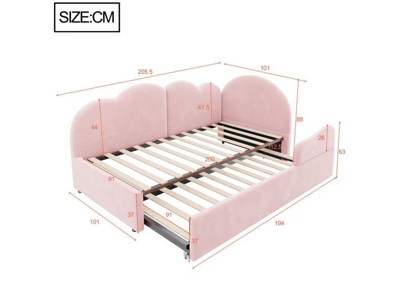  Lit banquette extensible convertible en l (90x200+90x190) avec tête de lit nuageuse en tissu velours rose - design espace optimisé, sans matelas  - Conforama E