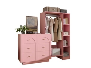 Armoire ouverte modenvie avec penderie 6 tiroirs et étagères latérales rose 139 x 35 x 133 cm