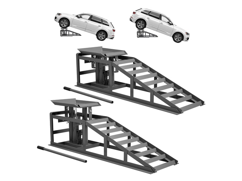  Lot de 2 rampes de levage voiture grises, hauteur réglable, avec cric et plateforme  - Conforama D