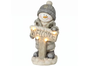 Décoration de noël bonhomme de neige, statue lumineuse en mgo avec panneau welcome, led et minuterie jour