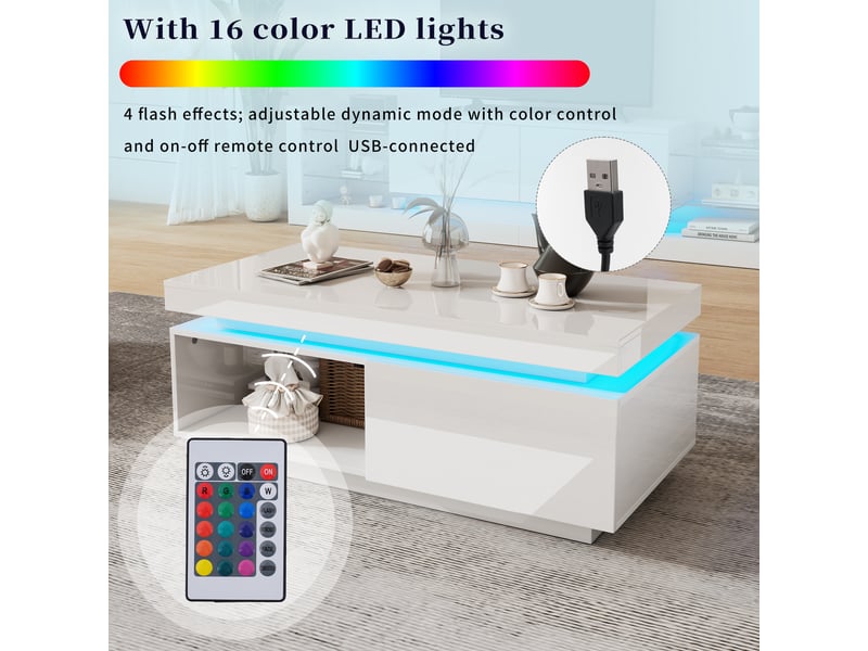  Table basse - led intégrée &amp; tiroir spacieux - surface brillante &amp; finition anti-traces - idéal salon moderne 100x50x40.3cm - Conforama R
