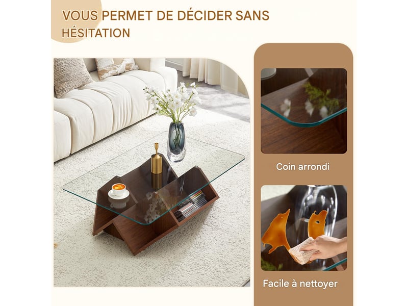  Table basse avec rangements en verre trempé et mdf coloris noyer 103x63x33,5 cm - pangivo  - Conforama E
