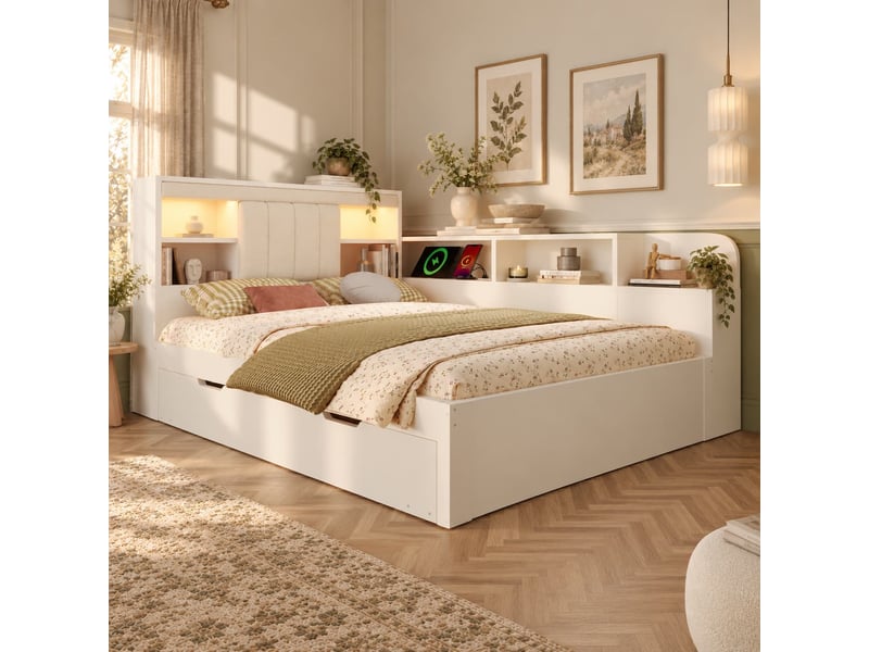  Lit gigogne 140 x 200 cm, sommier à lattes, cadre en bois, avec liseuses, ports usb et étagères, tête de lit en pu, blanc  - Conforama D