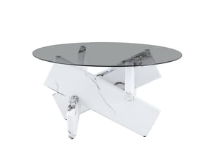 Table basse ronde avec plateau en verre trempé et piètement géométrique stable en mdf pour salon moderne blanc
