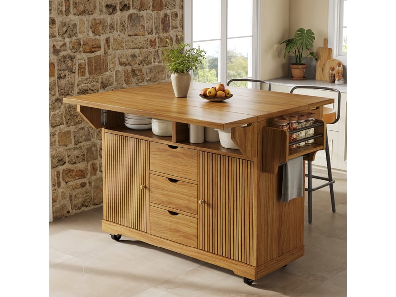 Desserte de cuisine 142,5 x 80 x 95 cm marron foncé mdf, plateaux rabattables et roulettes freinées - Conforama B