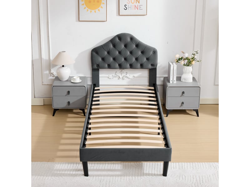  Lit 90x200cm - lit enfant 90x200 - lit simple rembourré en velours avec tête de lit capitonnée réglable - gris  - Conforama D