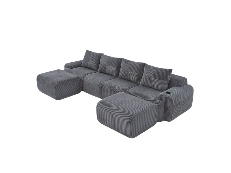  Canapé modulable 333x174x80 cm avec 2 poufs, porte-gobelets et poche gris foncé  - Conforama A