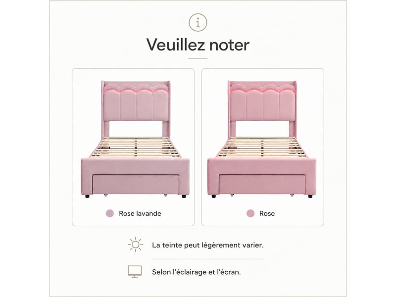  Lit simple 90x200 cm avec éclairage led, lit rembourré, lit enfant, tête de lit avec espace de rangement, rose  - Conforama E