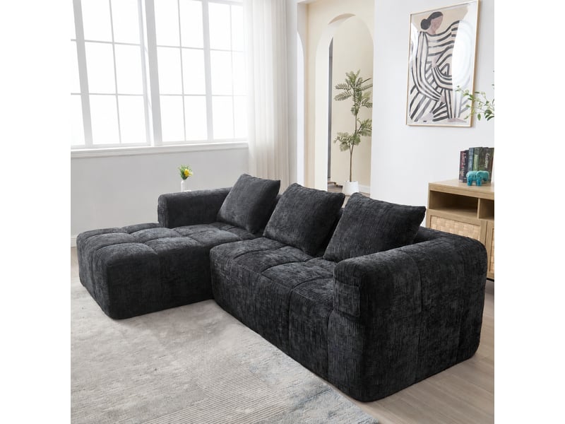  Canapé d’angle noir 3 places avec méridienne modulable en chenille, 250 x 158 cm  - Conforama D