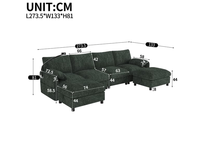  Canapé d’angle modulaire 6 places 273,5x133x81 cm avec deux poufs de rangement vert  - Conforama E