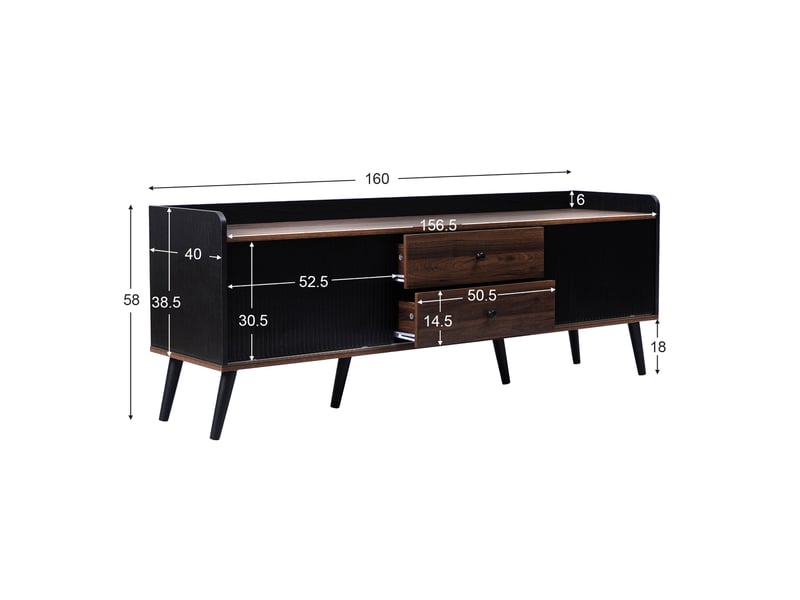  Meuble tv 160 x 40 x 58 cm, 2 portes coulissantes, 2 tiroirs, noir et bois  - Conforama C