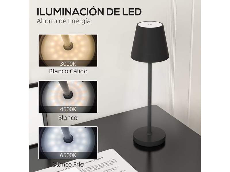 Lampe de chevet led sans fil, lampe de table rechargeable usb-c, 3 couleurs, ø 11,2 x 36,5 cm, noire  - Conforama E