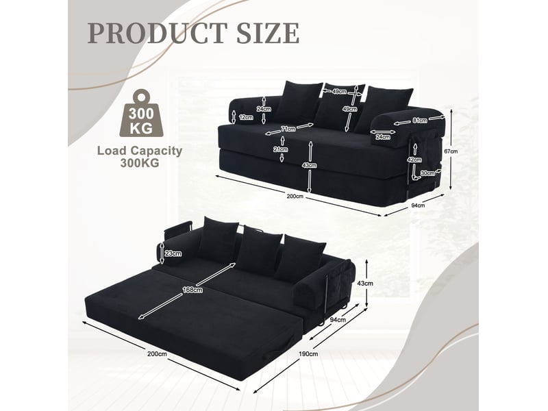 Canapé modulaire modenvie 3 places en velours côtelé noir 200 x 94 x 67 cm - Conforama C