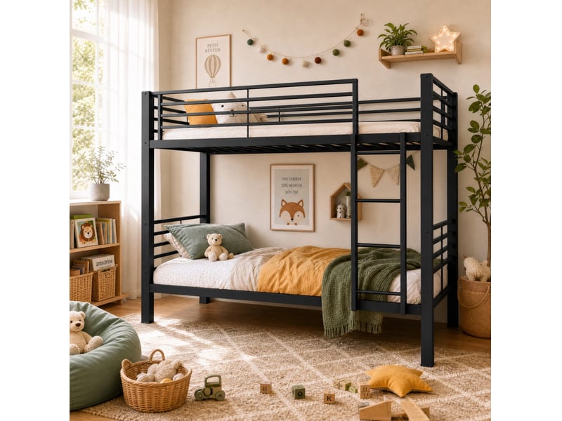  Lit superposé, 90x200 cm, échelle réversible, sommier à lattes, 2 lits simples, matelas non inclus, métal, coloris noir  - Conforama D