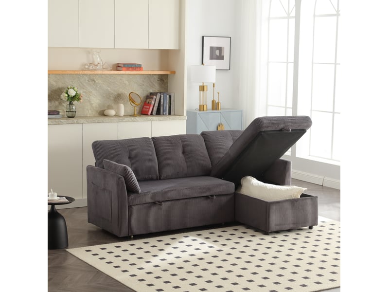  Canapé d'angle convertible 3 places en velours côtelé gris foncé avec rangement modulaire et lit gigogne  - Conforama E
