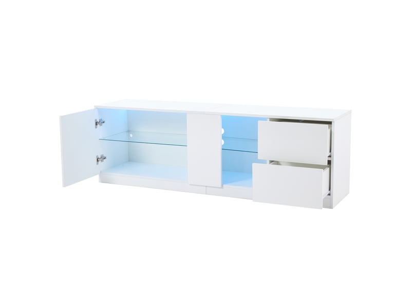 Meuble tv 160 cm avec led pour tv 65 pouces, banc tv bas, charge maximale 80 kg, blanc laqué - Conforama A