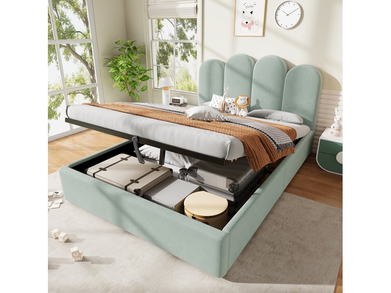 Lit double coffre 140x200 cm, relevage hydraulique, tête de lit arquée, velours, avec matelas non inclus, vert clair  - Conforama B