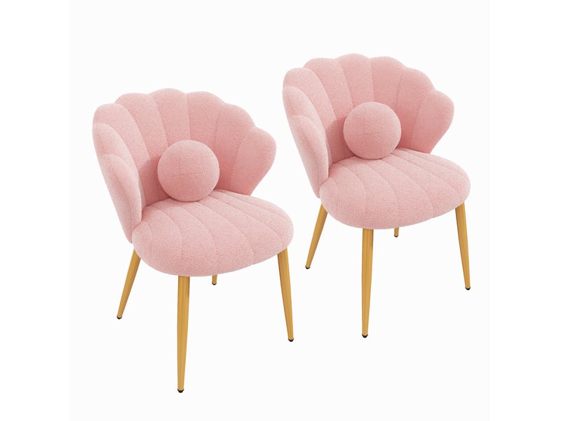  Chaise de salle à manger lot de 2, dossier coquillage et coussin rond, pieds en métal doré, tissu bouclé rose  - Conforama A