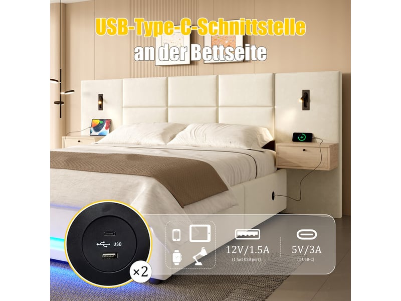  Lit rembourré 160x200, avec tête velours, tiroirs, led, usb-c, coffre hydraulique, structure métallique, beige  - Conforama E