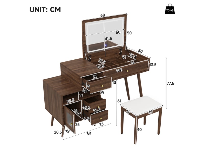  Coiffeuse bureau 120x50x77cm - led miroir pliant plateau extensible tabouret - bambou - marron CozyNest - Conforama C