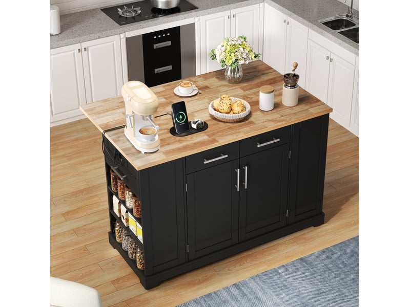  Îlot de cuisine 138x86x92 cm avec plateau rabattable, noir et bois naturel  - Conforama E