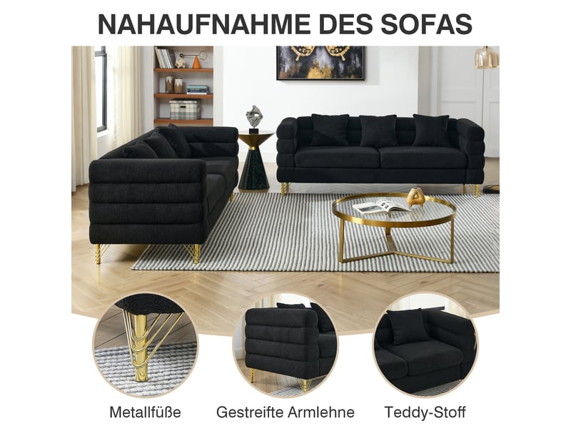  Canapé nuage noir en tissu bouclette, 205,7 x 81 x 71 cm, pieds en métal doré, coussins décoratifs, dossier ondulé  - Conforama E