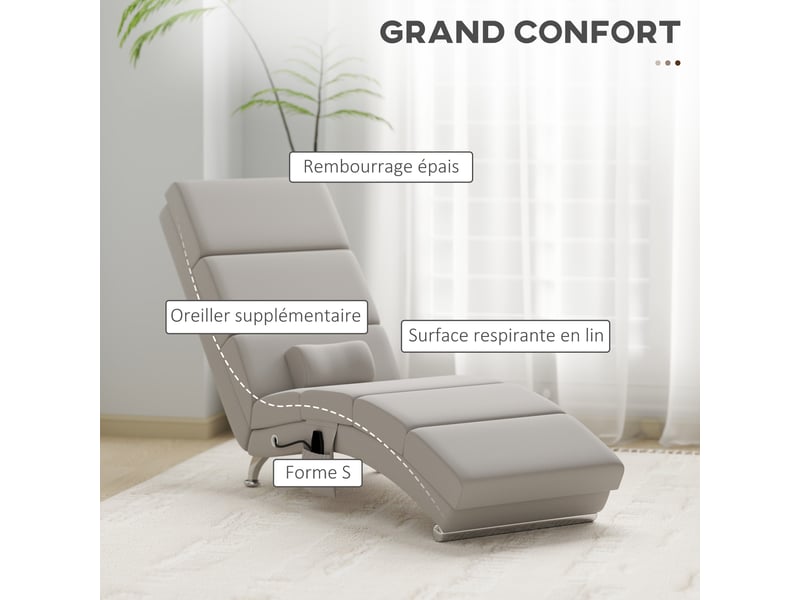  Fauteuil relax salon fauteuil de massage et chauffage meridienne avec télécommande et oreiller, crème, tissu effet lin  - Conforama E