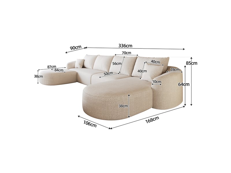  Canapé d'angle en u tcqpz 336 x 168 x 85 cm modulaire 6 places sans montage tissu chenille blanc  - Conforama C