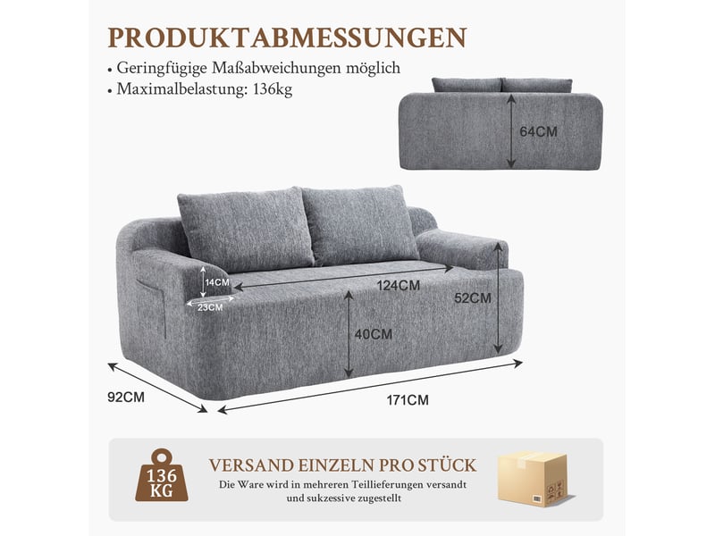  Canapé modulable 2 places convertible avec 2 coussins déhoussables, assise basse en velours côtelé gris, 171 × 92 × 64 cm  - Conforama C