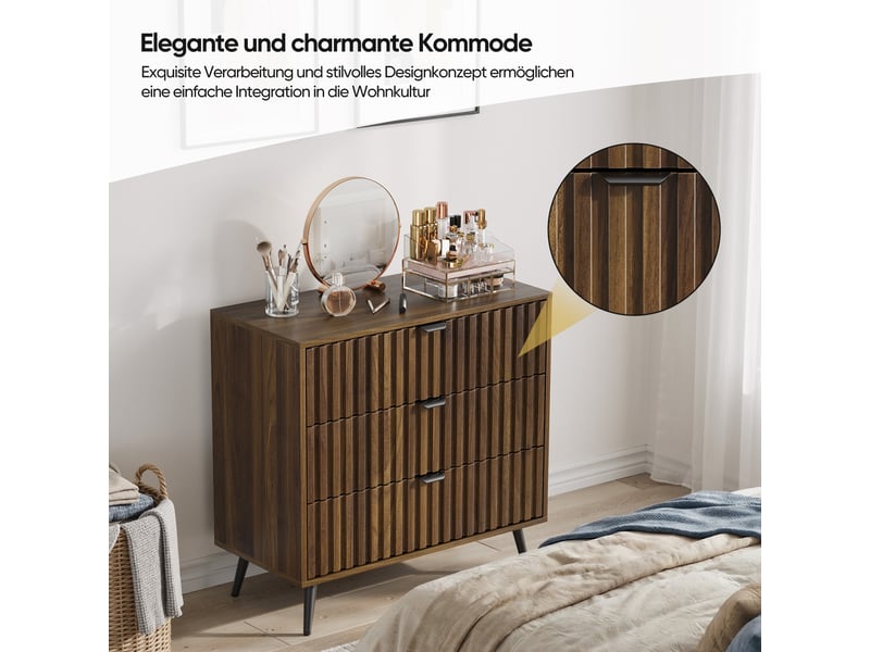  Commode 3 tiroirs en mdf coloris noyer avec pieds et poignées en métal W3180P412735 - Conforama E