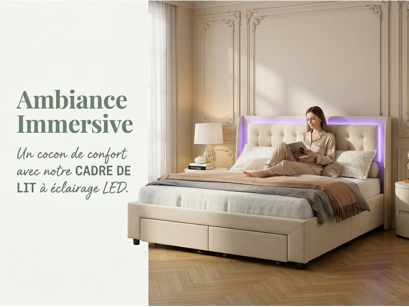  Lit coffre 180x200 cm avec tête de lit éclairée - leds rgb - velours beige - sommier à lattes - rangement hydraulique et tiroirs  - Conforama E