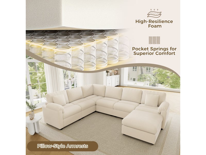  Canapé panoramique modulable 7 places 274,5x210,5x85,5 cm, forme ul, pouf séparé, velours côtelé, coussins pour salon - beige  - Conforama D
