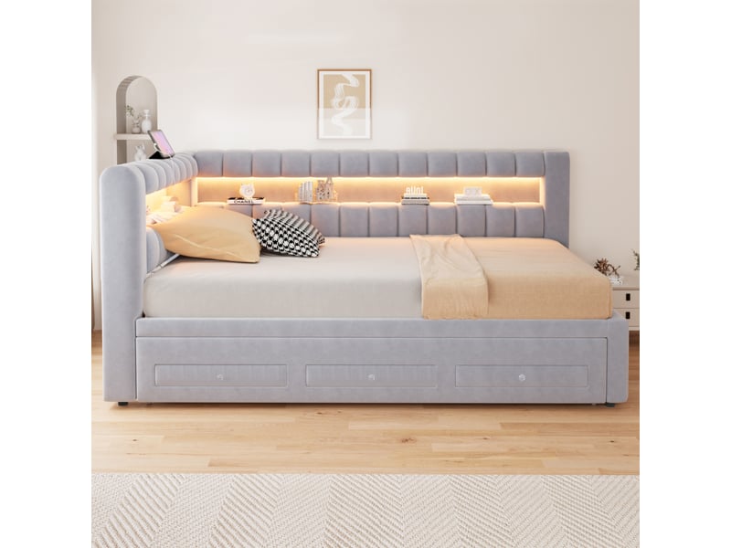 Lit banquette rembourré - 90x190 cm - convertible - tiroirs de rangement - rangements intégrés - éclairage led - gris clair CozyNest - Conforama B
