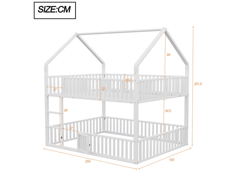  Lit superposé enfant 140x200 cm avec escalier, forme de maison, barrière de sécurité avec porte d'ouverture, en métal, sans matelas, blanc  - Conforama C