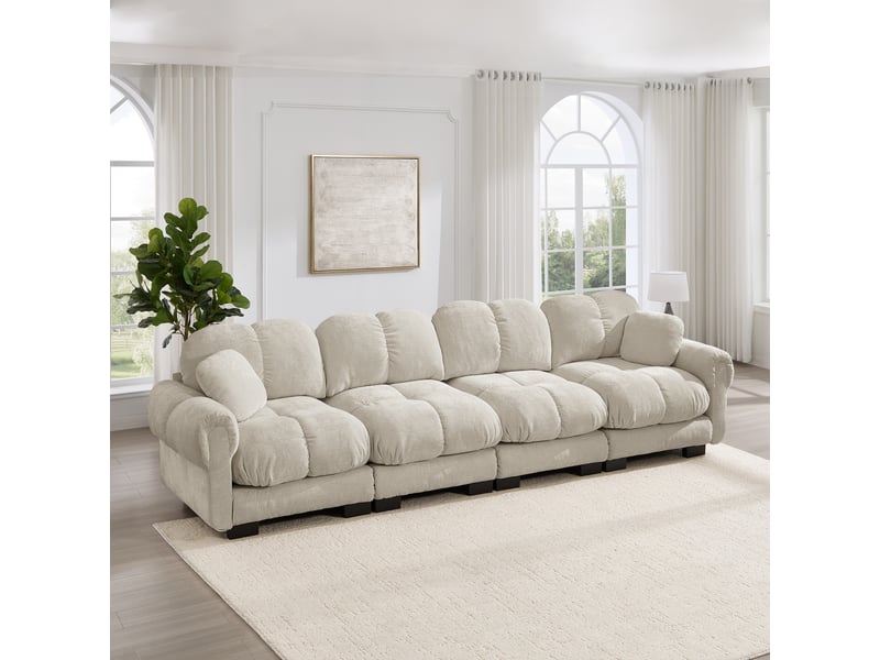 Canapé modulaire 4 places à coussins matelassés - lpospi - dossier ergonomique en chenille kaki clair 330 × 86 × 90 cm - Conforama B
