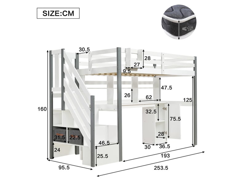 Lit mezzanine 90x200cm avec échelle latérale, étagère ouverte, bureau et casiers, blanc+gris - Conforama C