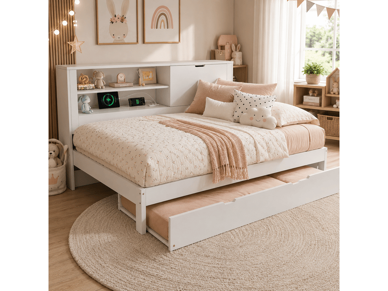 Lit banquette 140x190 cm avec lit gigogne 90x190 cm-rangement intégré et usb-c-tête de lit avec étagères-sommier à lattes-blanc - Conforama B