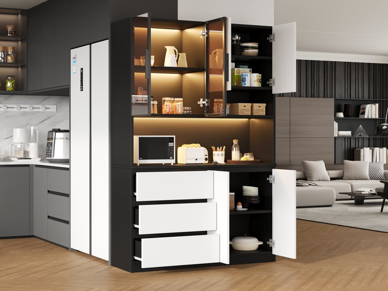  Buffet de cuisine haut, avec 6 portes, 3 tiroirs, étagères ouvertes et led réglable, blanc et noir, 120.5×40×180 cm  - Conforama D