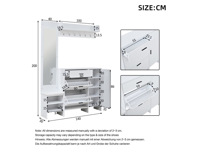  Meuble d'entrée avec banc, miroir, 6 crochets, 1 tiroir, 2 abattants et rangements, mdf blanc, 140 × 30 × 200 cm  - Conforama D