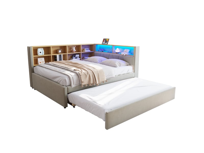  Lit gigogne 140x200 cm avec led et ports de charge en flanelle gris clair  - Conforama A
