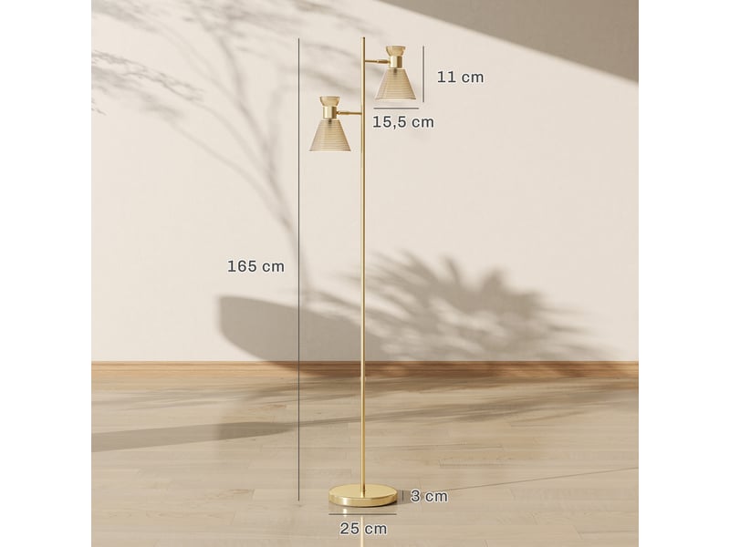  Lampadaire sur pied salon à double tête réglable, lampe sur pied, abat-jour en verre floral, 42 x 25 x 165 cm, doré  - Conforama E