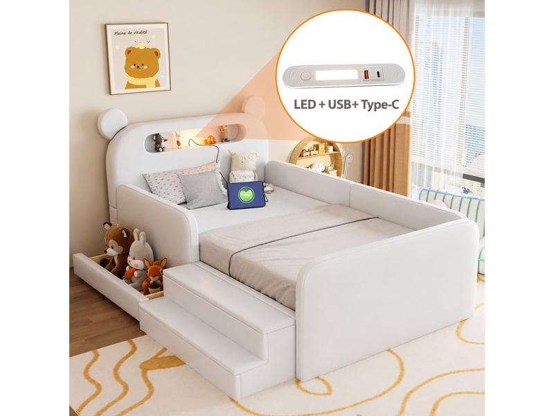  Lit enfant 90 x 200 cm avec tête de lit ours, veilleuse, usb et rangement blanc  - Conforama E