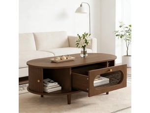 Table basse en mdf coloris noyer avec tiroir et portes rideaux 100x50x36 cm - pangivo