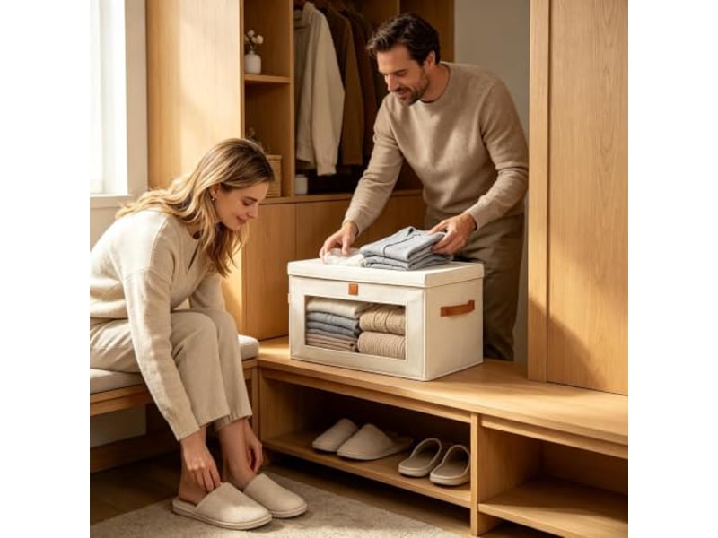 Lot de 4 bacs de rangement pliables en toile oxford beige avec fenêtre – organiseur pour vêtements et dressing - Conforama C