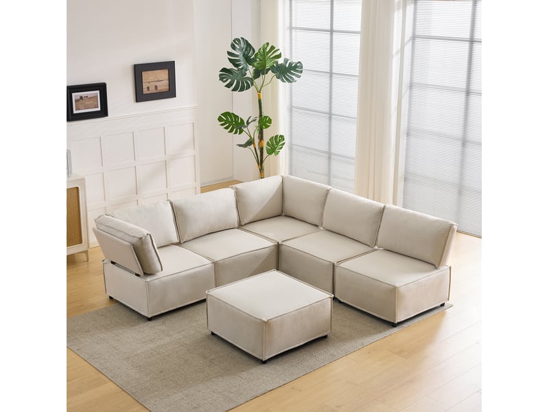  Canapé modulable 6 places en tissu en lin beige - 308 x 152 x 77 cm  - Conforama B