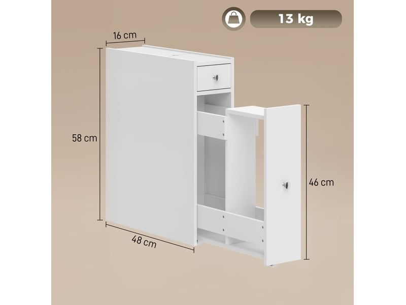  Meuble de rangement de salle de bain étroit blanc avec 2 tiroirs et niche ouverte, 48 × 16 × 58 cm, pratique au quotidien  - Conforama C