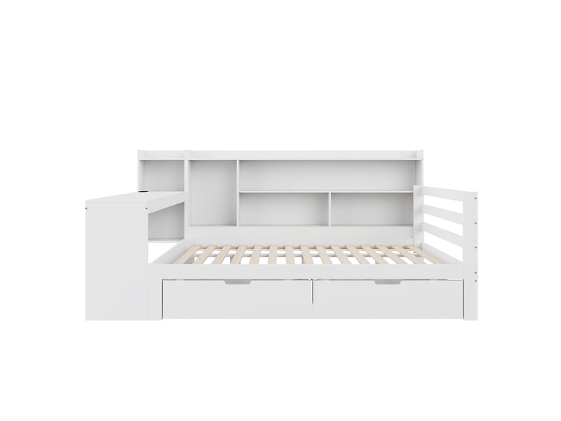  Lit multifonction 140x200 cm avec bureau, rangements et prise, pin blanc, sans matelas  - Conforama W