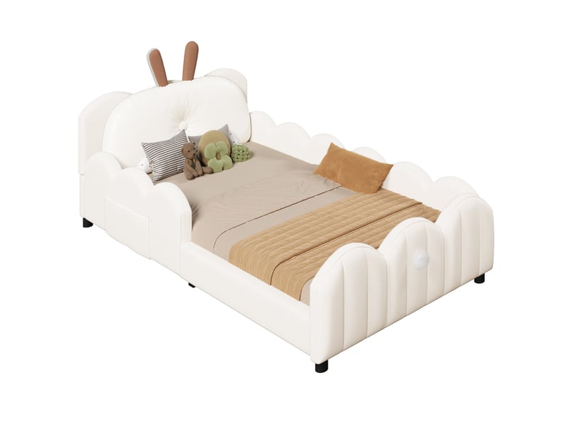  Lit enfant plateforme 90x200 cm beige rembourré avec barrières et coussin lapin  - Conforama A