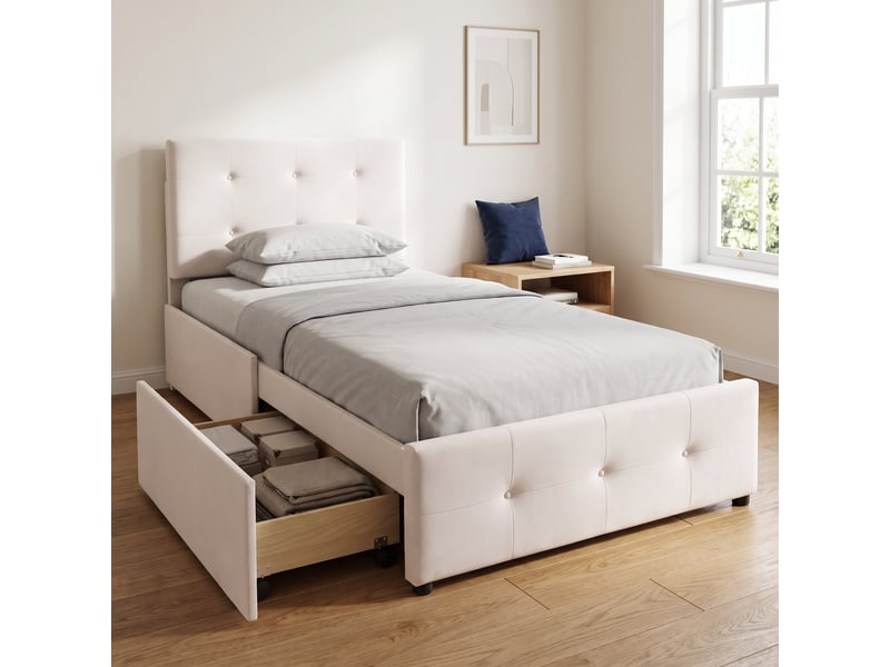 Lit avec 2 tiroirs 90x200 cm, lit simple enfant, lit capitonné en velours avec sommier, bois, blanc  - Conforama B